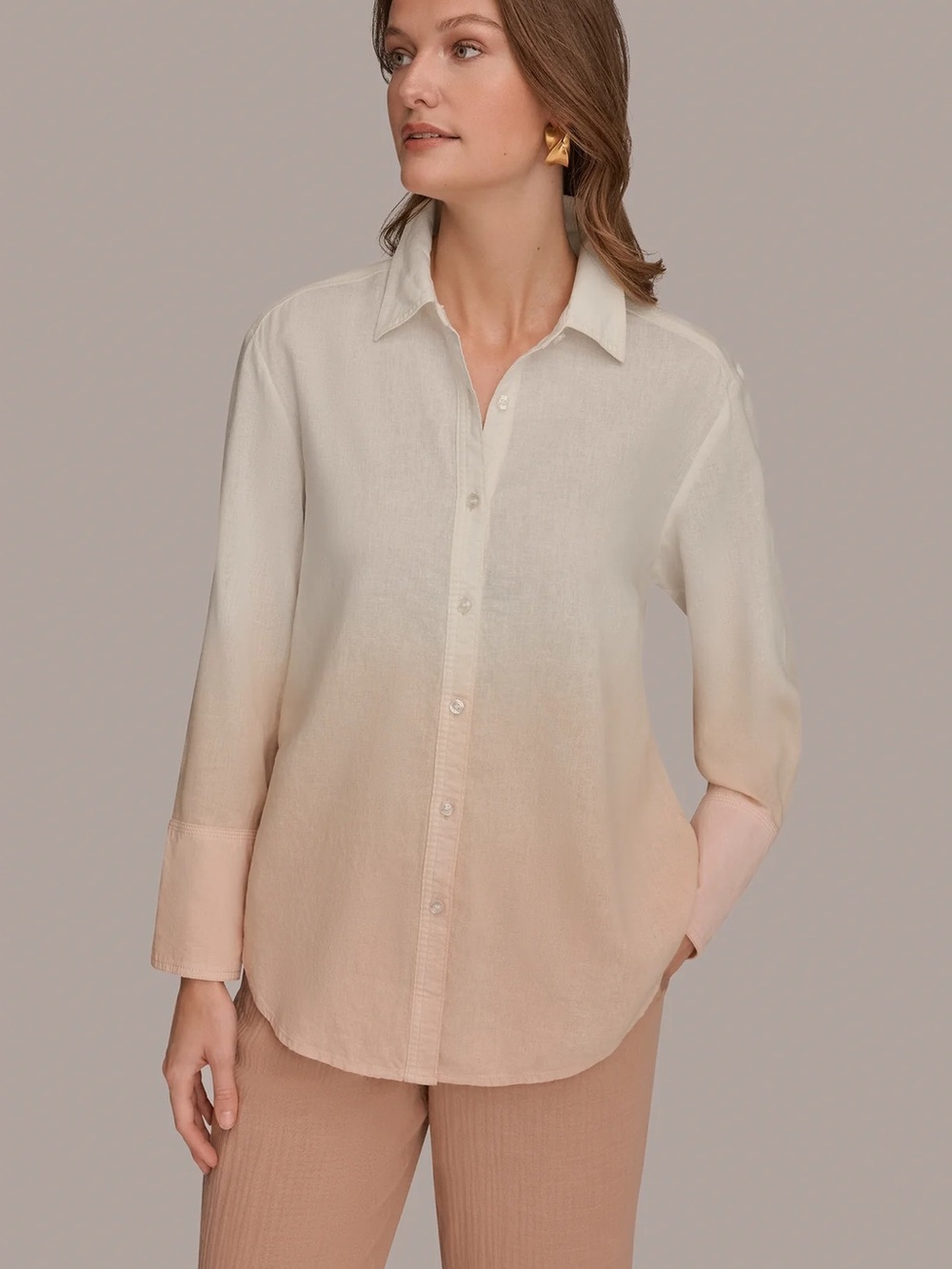 Donna Karan Linen blend Ombre Button-Down Shirt in Cream and Peach deep dye